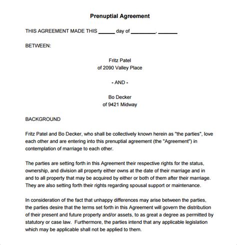 prenuptial agreement   samples examples format