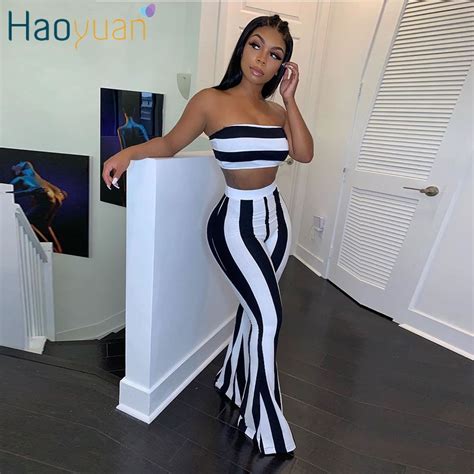 Haoyuan Women Two Piece Outfits Sexy Club Festival Clothing Striped