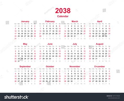 Calendar Year 2038 12 Months Annual Stock Vector Royalty Free
