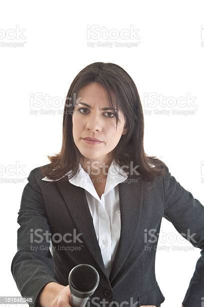 Sceptical Woman Holding Microphone To Camera Questioning Isolated White