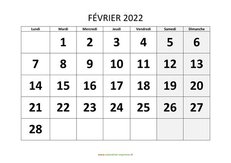 Calendrier Février 2022 à Imprimer