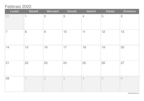 Calendario Febbraio 2022 Da Stampare Icalendarioit