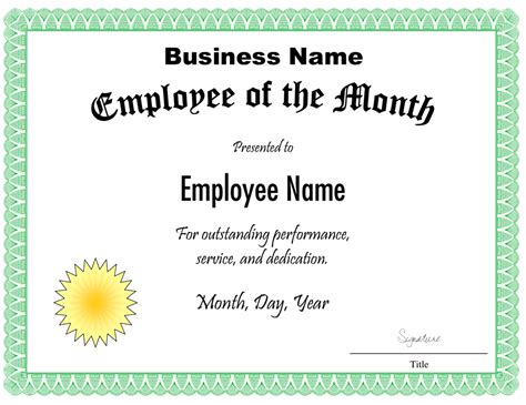 Employee Of The Month Free Printable Template