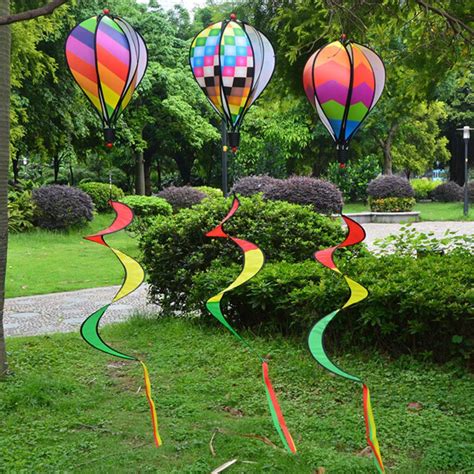 Air Balloon Wind Spinner With Rainbow Stripe Garden Yard Outdoor