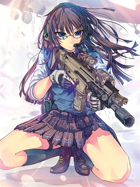 Hd Wallpaper Knee Highs Anime Gun Anime Girls Glasses Blue Eyes