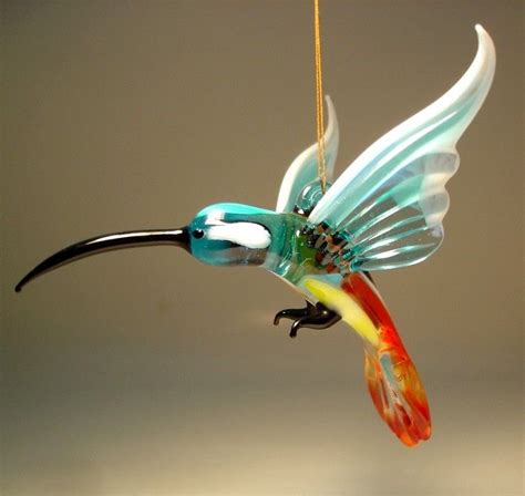 Aqua And White Glass Hanging Hummingbird Ornament Hummingbird