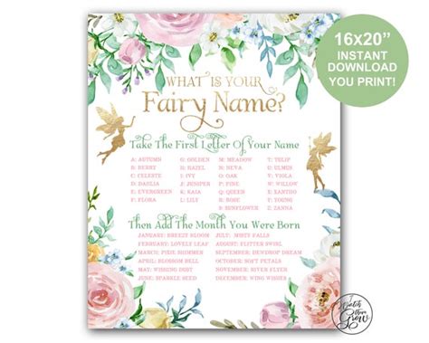 Fairy Name Game Poster 16x20 Fairy Party Game Printable What Is Your