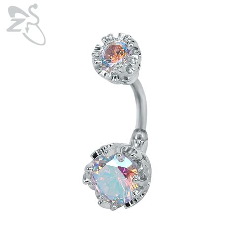 Double Side Navel Belly Button Ring Surgical Steel Bright Crystal Gem