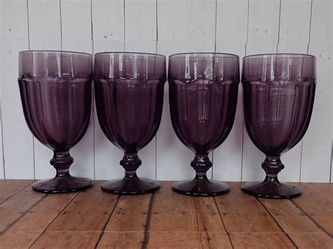 Vintage Libbey Glass Gibraltar Violet Dark Purple 7 Iced Tea Water Goblet Set Of 4 Flat Paneled