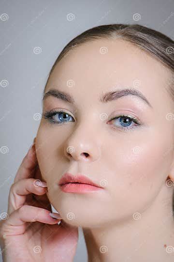 Beautiful Adult Girl Posing With Nude Makeup With Clean Skin And Care