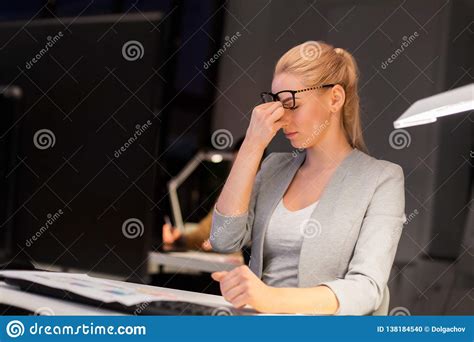 Businesswoman Rubbing Tired Eyes At Night Office Stock Photo Image Of Vision Person