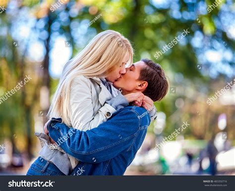 Young Couple Hugging Kissing Autumn Park Stock Photo 483350716