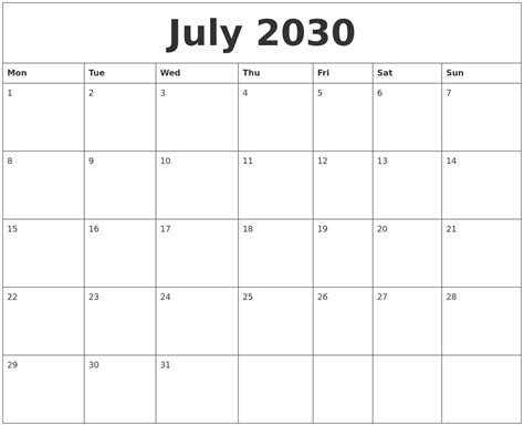 July 2030 Blank Printable Calendars