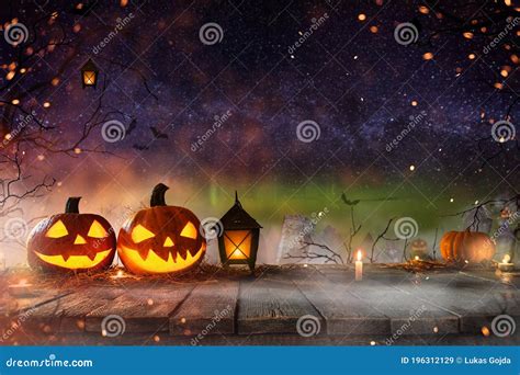 Halloween Pumpkins On Dark Spooky Forest Stock Image Image Of Deep