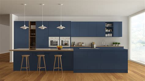 Scandinavian White Kitchen With Wooden And Blue Details Minimal Stock