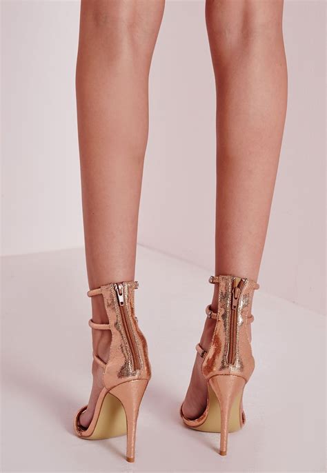 Missguided Four Strap Barely There Sandals Rose Gold High Heel
