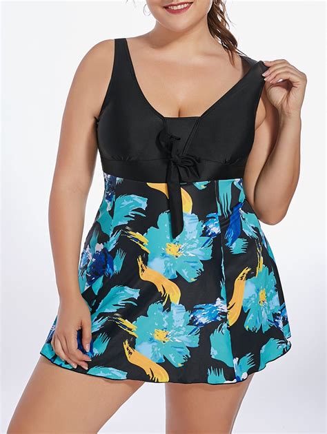 [41 Off] 2021 Floral Padded Skirted Plus Size One Piece Swimsuit In Blue Green Dresslily