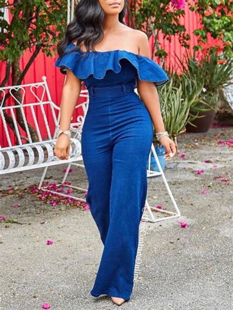 Blue Ruffle Sashes Off Shoulder Backless Denim High Waisted Casual Wide Leg Long Jumpsuit