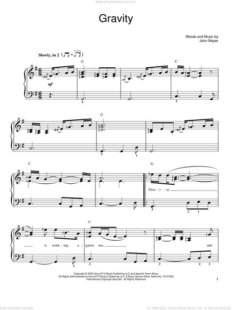 Mayer Gravity Sheet Music For Piano Solo Pdf Interactive