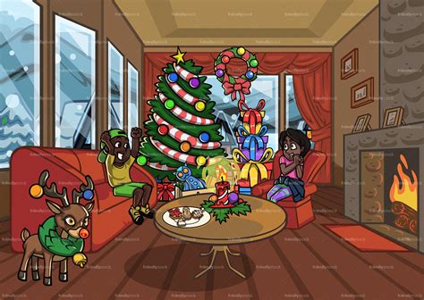 Black Kids Enjoying Christmas In Living Room Cartoon Scene