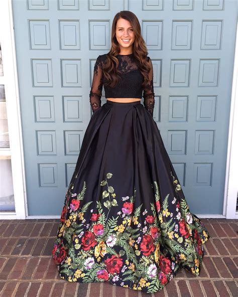 Two Piece Prom Dressblack Floral Long Prom Dress Long Sleeves Prom