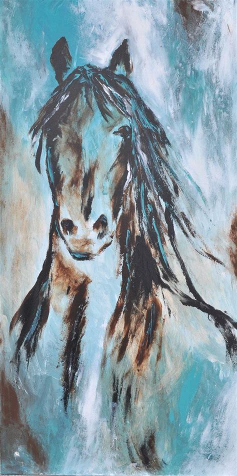 Large Abstract Contemporary Black Horse Art In Turquoise And Brown