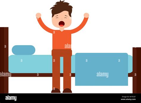 Young Man Waking Up Sitting On Bed With Arms Stretched Stock Vector