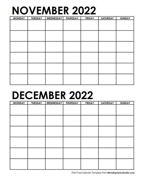 Two Month November December 2022 Calendar Blank Template