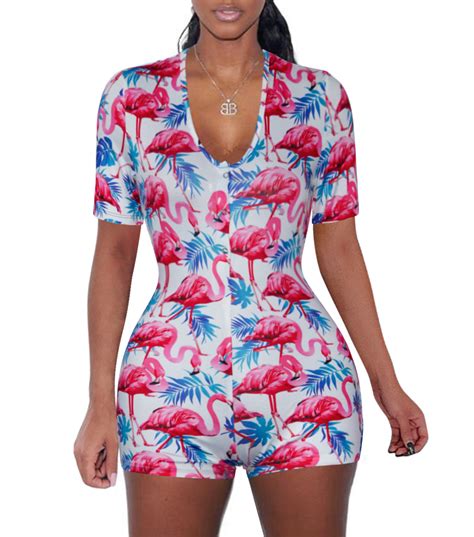 Women V Neck Onesie Pajama Short Sleeve Bodycon Bodysuit Soft Romper