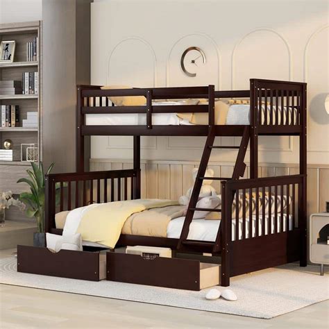 Harper And Bright Designs Espresso Twin Over Full Wood Bunk Bed With 2