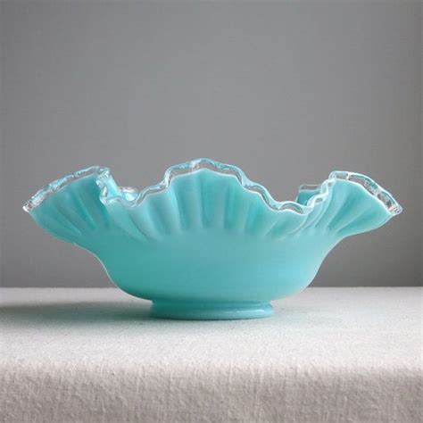 Turquoise Silver Crest Blue Milk Glass Bowl By Fenton 1950s Fenton