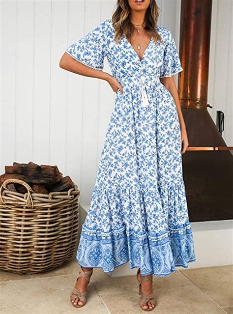 R Vivimos Womens Summer Cotton Short Sleeve V Neck Floral Print Casual Bohemian Midi Dresses