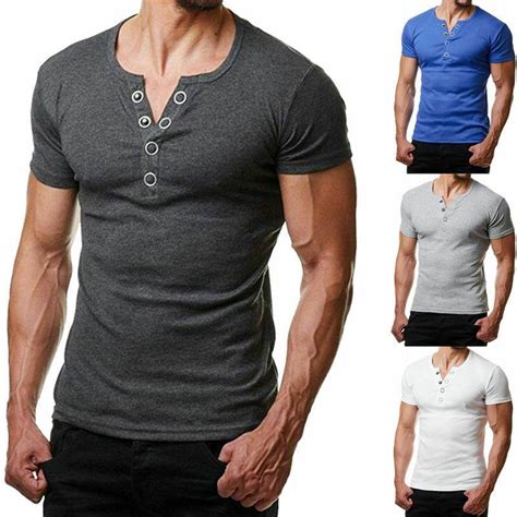 Mens Slim Fit V Neck Short Sleeve Muscle Tee T Shirt Casual Tops