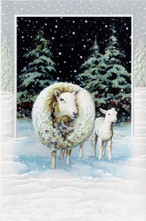 16 Boxed Embossed Christmas Cards Sheep Ewe And Lamb Herding Dogs