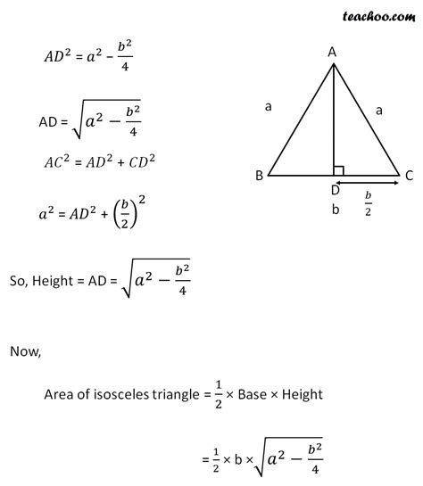 Heron's formula is used to find the area of a triangle when the measurements of its 3 sides are given. Area of isosceles triangle - Formula with Examples - Teachoo
