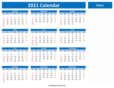 2021 Yearly Calendar With Notes