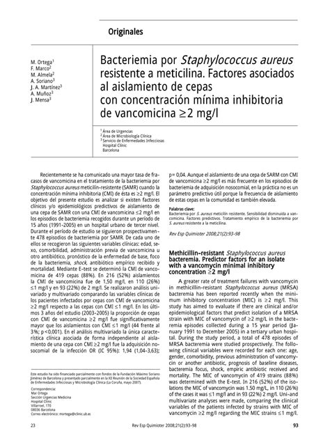 PDF Bacteriemia Por Staphylococcus Aureus Resistente A Meticilina