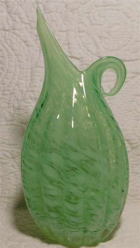 Vintage Lefton Hand Blown 7 Green And White Swirl Pitcher Art Glass Vase For Sale