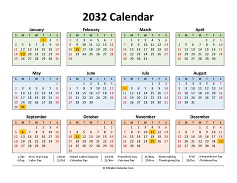Download 2032 Printable Calendar Free With Us Holidays Weeks Start On