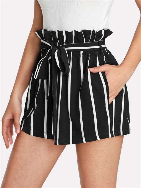 Self Tie Waist Frill Trim Striped Shorts Sheinsheinside Fashion