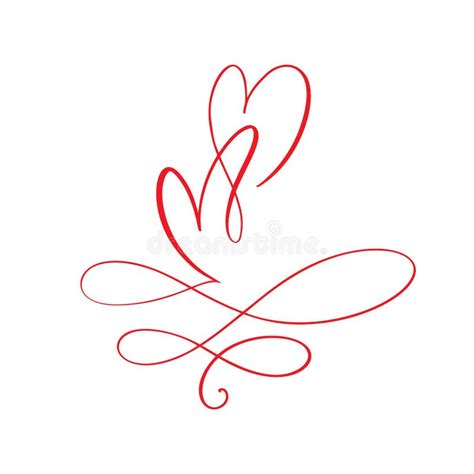Couple Red Valentines Day Hand Drawn Calligraphic Two Hearts