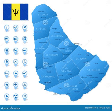 Blue Map Of Barbados Administrative Divisions With Travel Infographic Icons Stock Vector