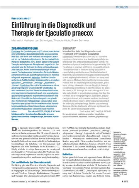 Einführung In Die Diagnostik Und Therapie Der Ejaculatio Praecox