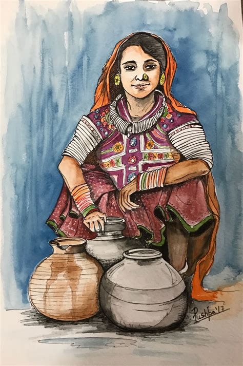 Indian Village Woman With Pots Of Water Watercolor And Ink Pen On Paper From