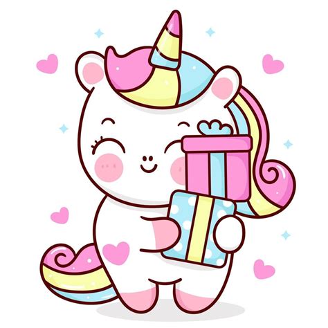 Cute Unicorn Cartoon Kawaii Vector Holding Birthday T Animal Horn