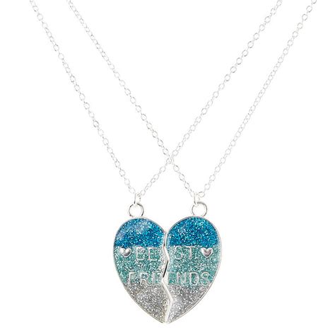 Best Friends Blue Glitter Spilt Heart Pendant Necklaces Claires Us