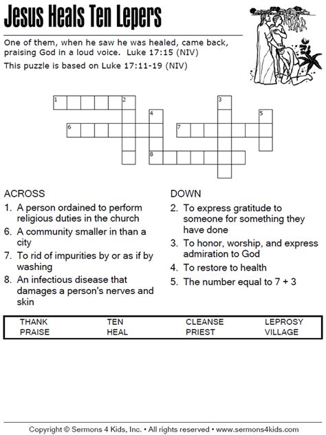Jesus Heals Ten Lepers Crossword Puzzle Sunday School Activities