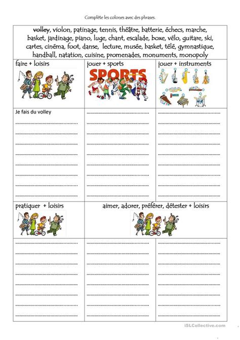 Activites De Loisirs French Lessons Learn French French Worksheets
