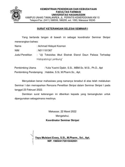 Surat Keterangan Selesai Seminar I Achmad Hidayat Kosman Pdf