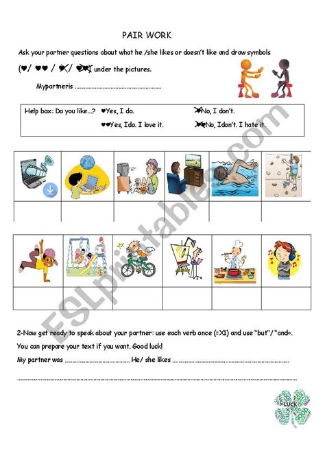 pair work likes dislikes hobbies 2 esl worksheet by frotea